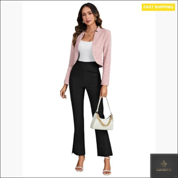 Tweed Plaid Cropped Blazer Open Front Stand Collar Work Office Jacket - Picture 6 of 7